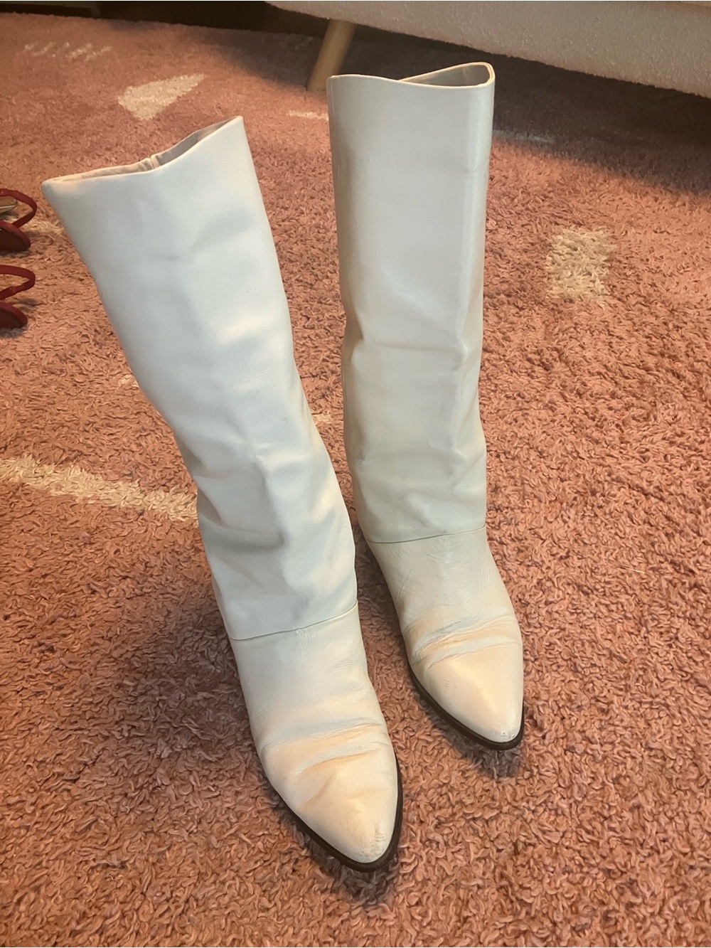 Women's cream color leather knee high, 1/4 inch heel boots